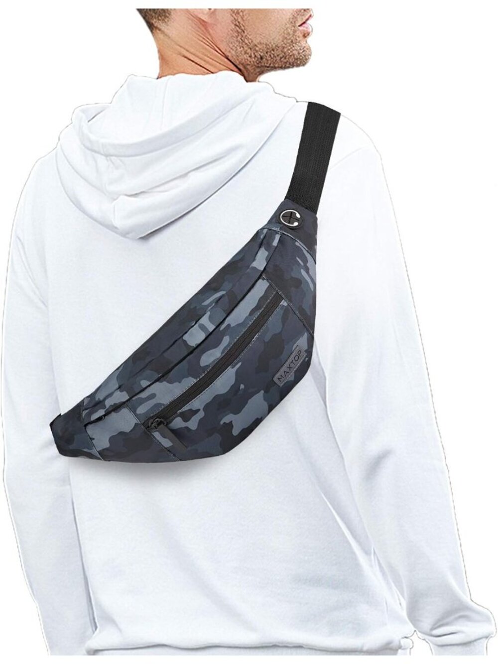 Men's Camo Black Large Crossbody Fanny Pack With 4-Zip Belt Bag Waist Pack